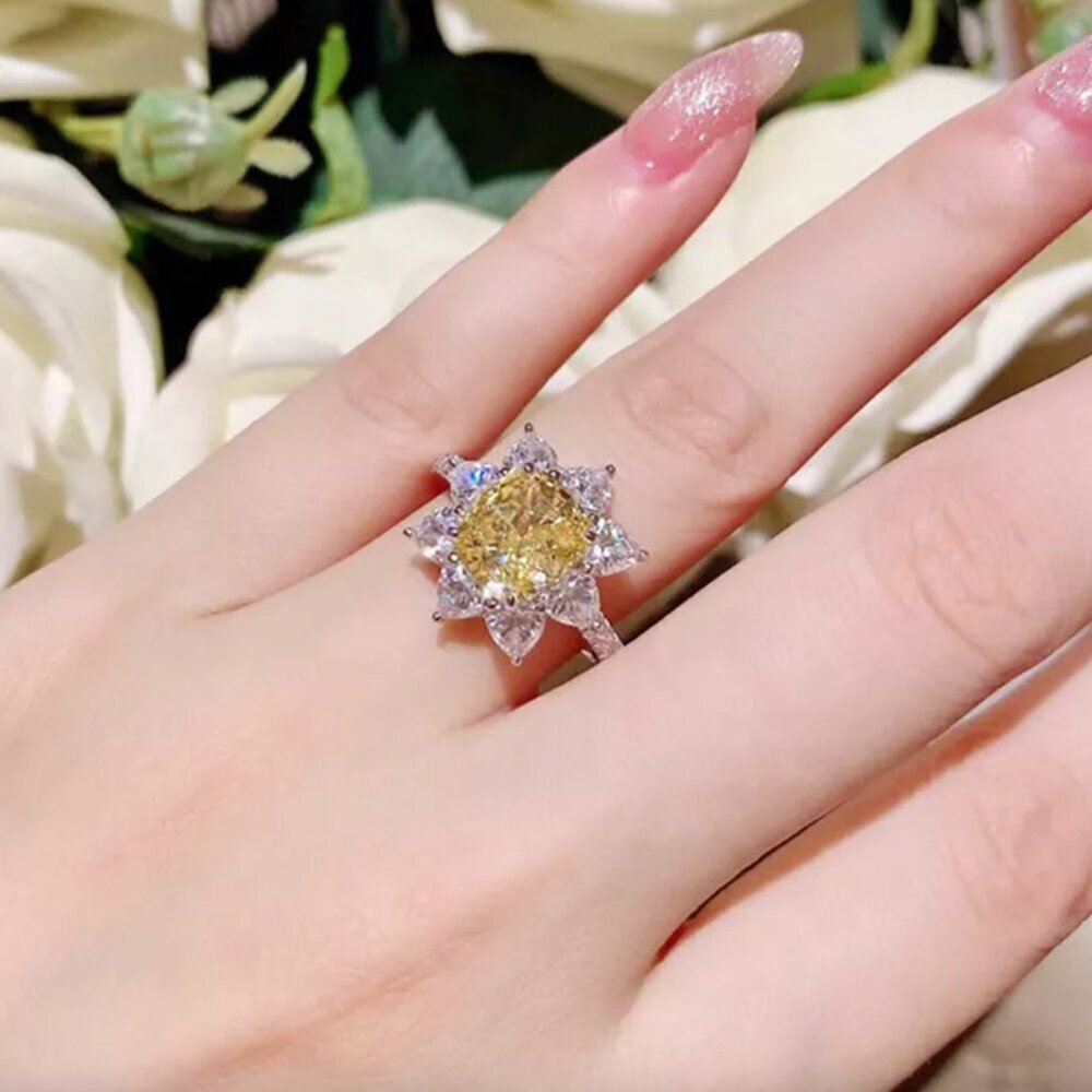 NEW 925 Sterling Silver Diamond Sunflower Ring Flower Citrine Ring